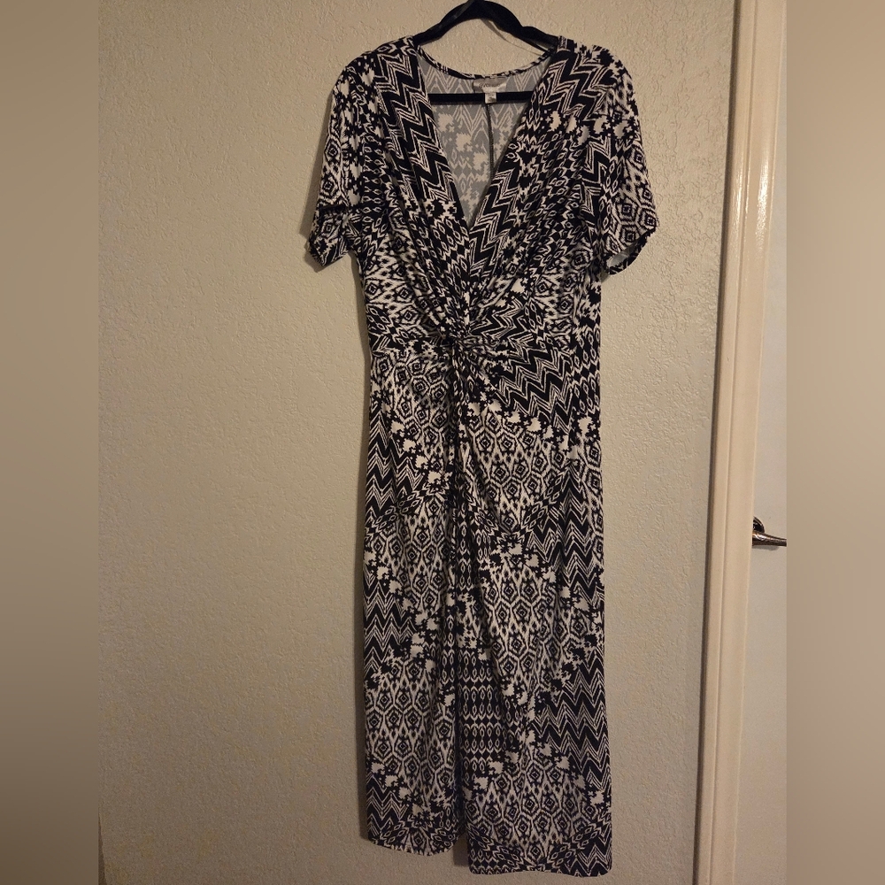 Avenue Black and White Ruched Wrap Maxi Dress